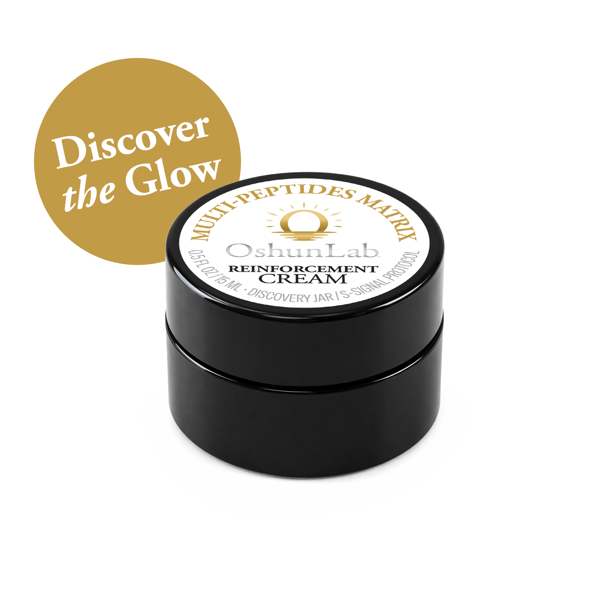 Black jar of Oshun Lab Reinforcement Cream with gold and white label on a white background