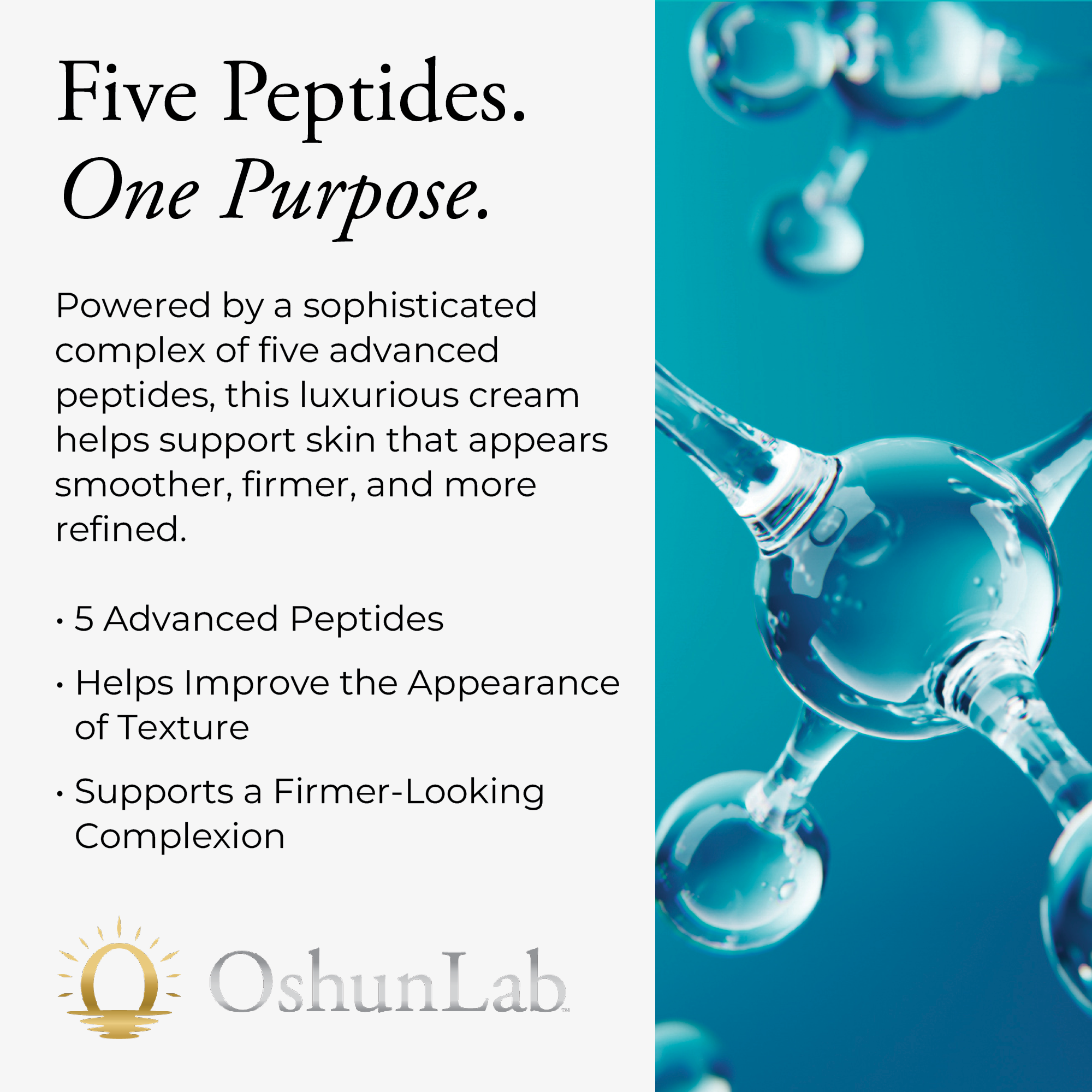 Advertisement for OshunLab cream with text about five advanced peptides and product benefits.