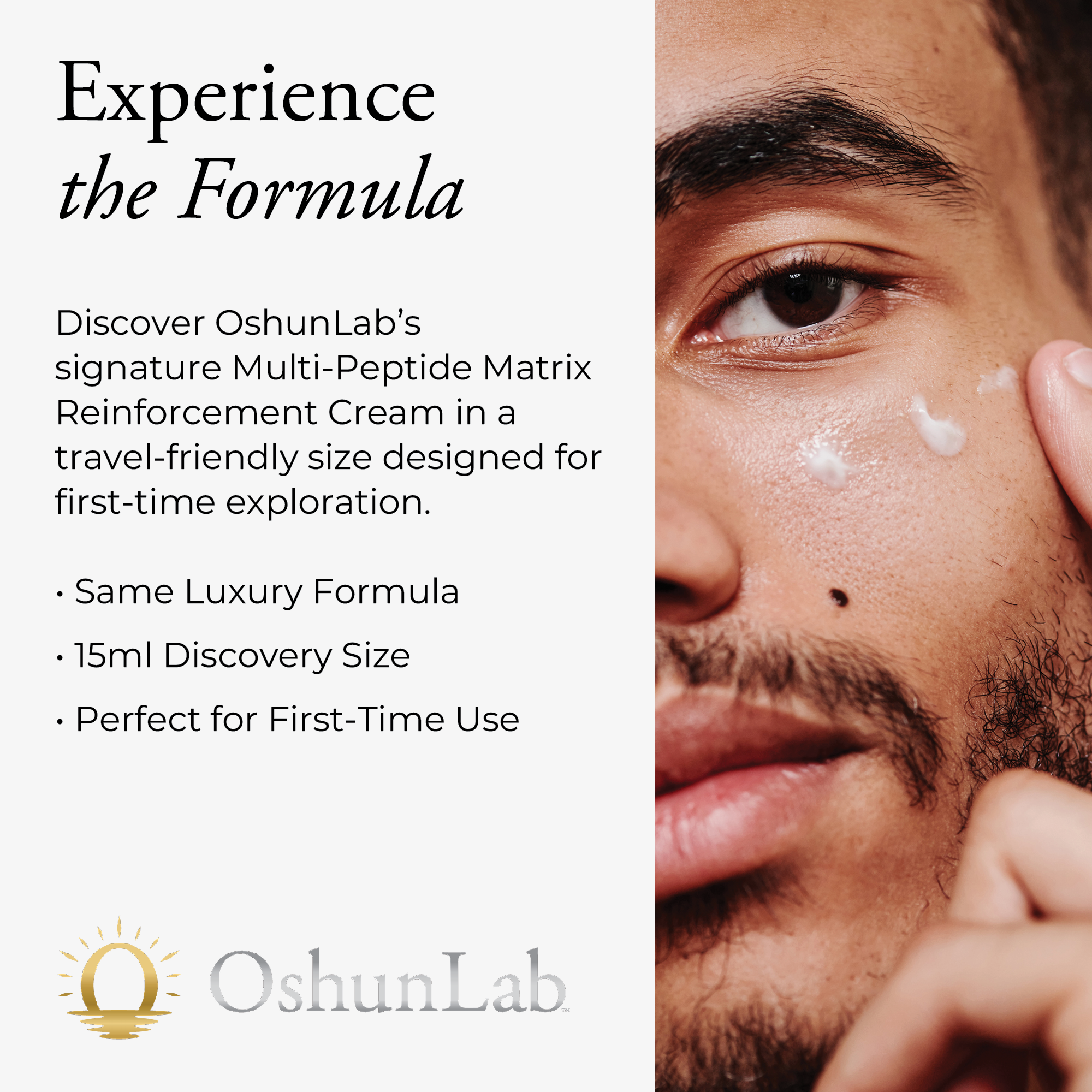 Advertisement for OshunLab's Multi-Peptide Matrix Reinforcement Cream with a close-up of a man's face.