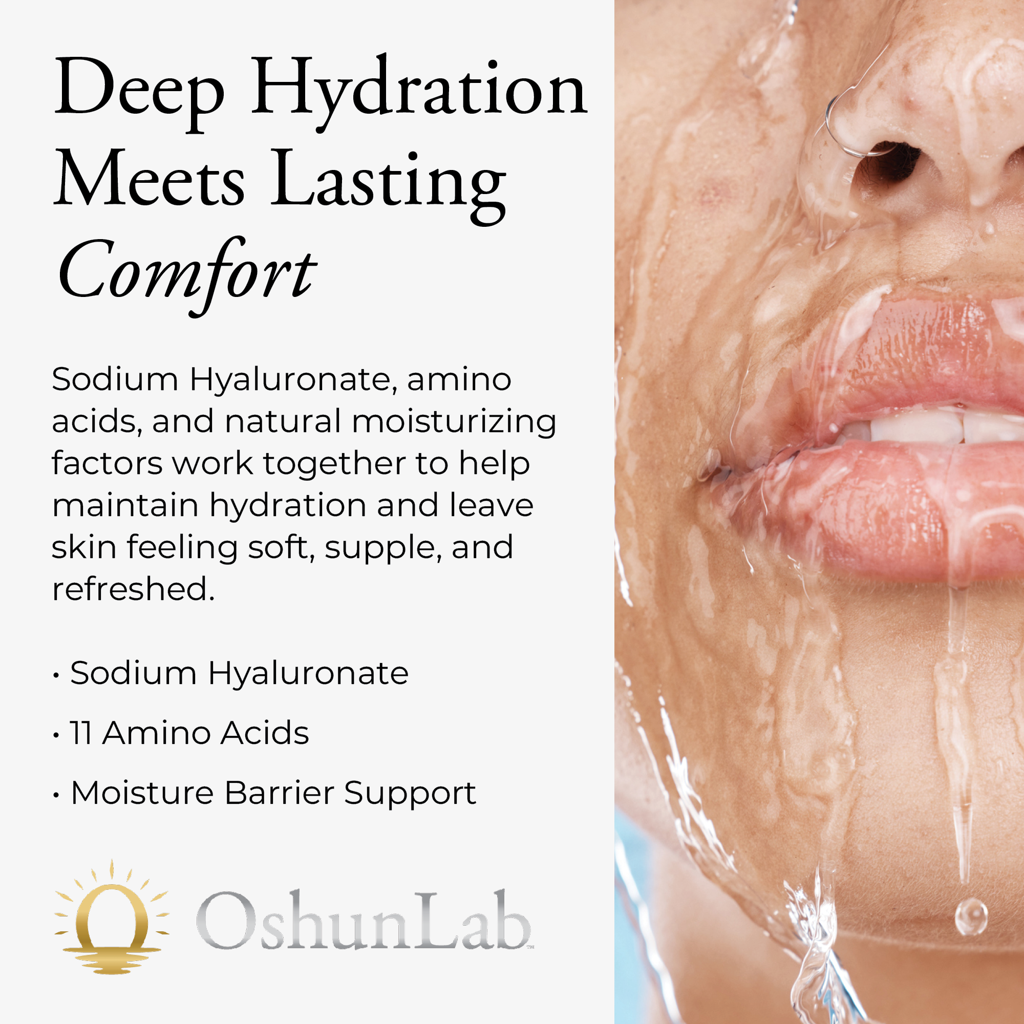 Advertisement for OshunLab skincare product with text about deep hydration and lasting comfort.