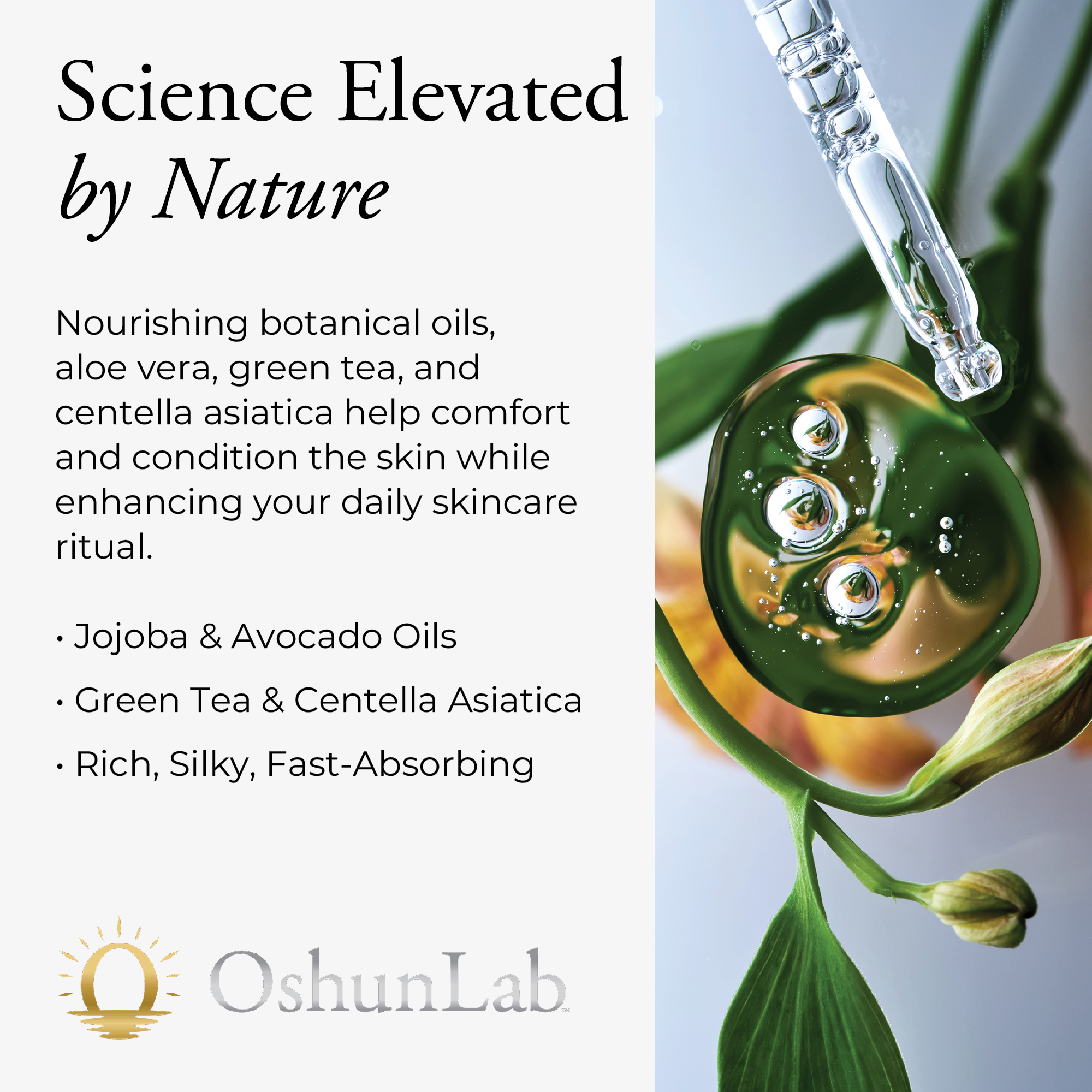 OshunLab skincare product with dropper and botanical elements, featuring text about ingredients and benefits.