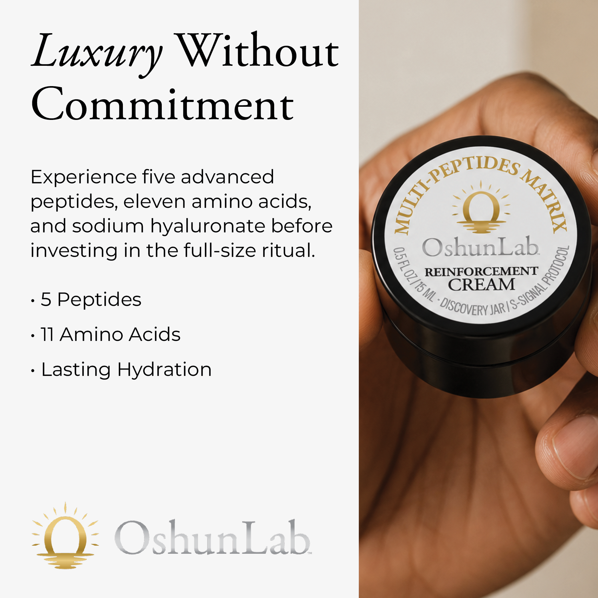 OshunLab Reinforcement Cream jar held by a hand with promotional text on a light background