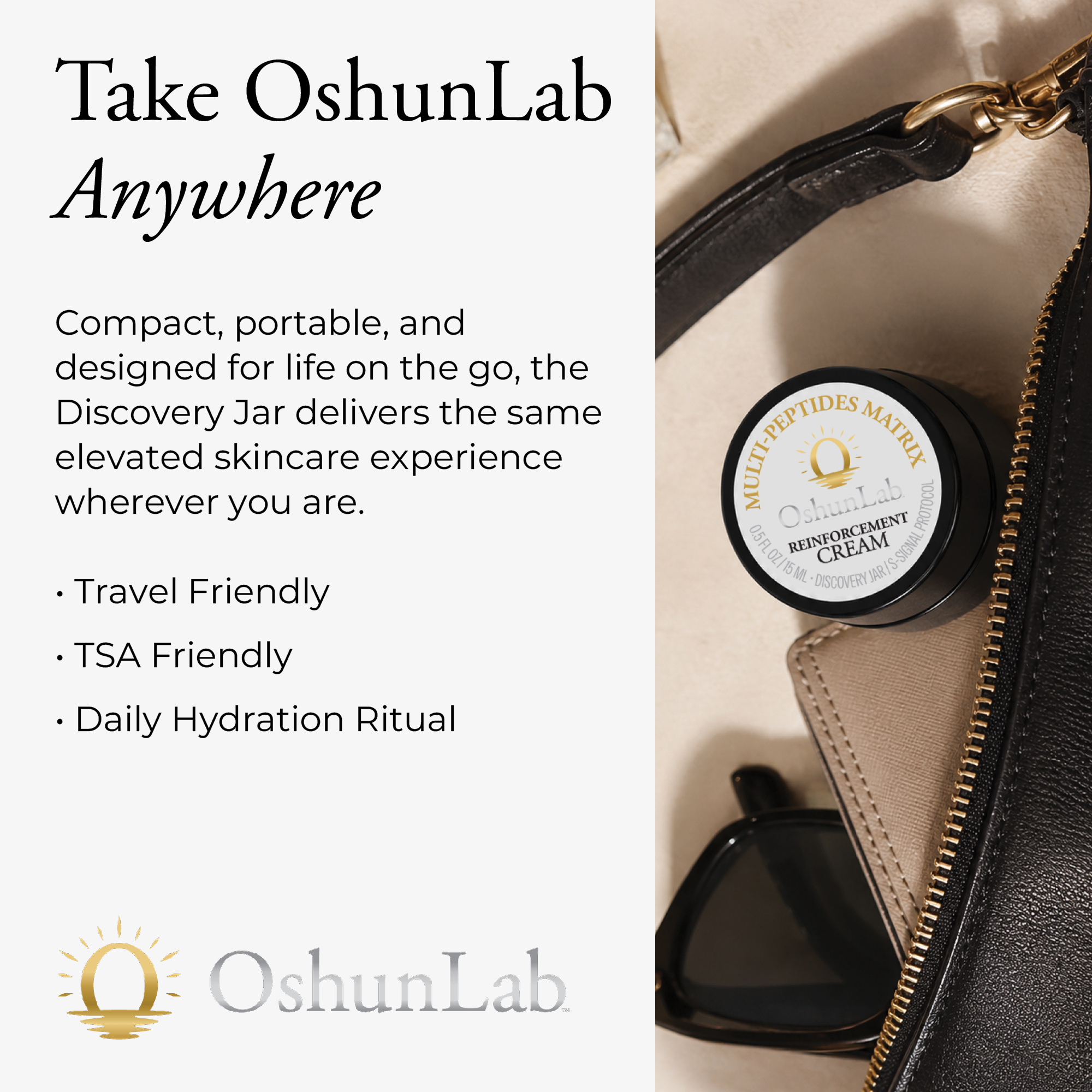 OshunLab skincare product in a purse with promotional text about travel and TSA friendliness.